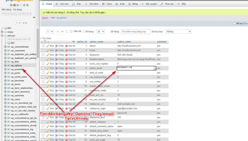 Chỉnh sửa email quản trị trong Phpmyadmin